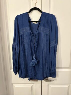 Boho Tassel Peasant Tunic Top in Blue